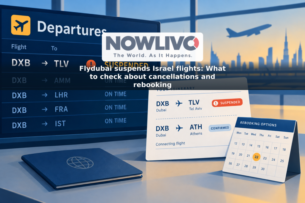 Illustration of a suspended Dubai–Tel Aviv flight beside an itinerary and rebooking calendar.