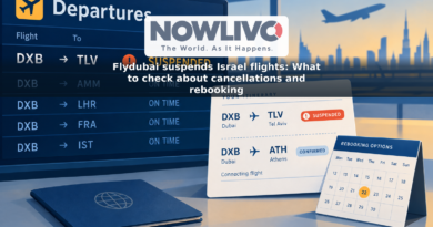 Illustration of a suspended Dubai–Tel Aviv flight beside an itinerary and rebooking calendar.