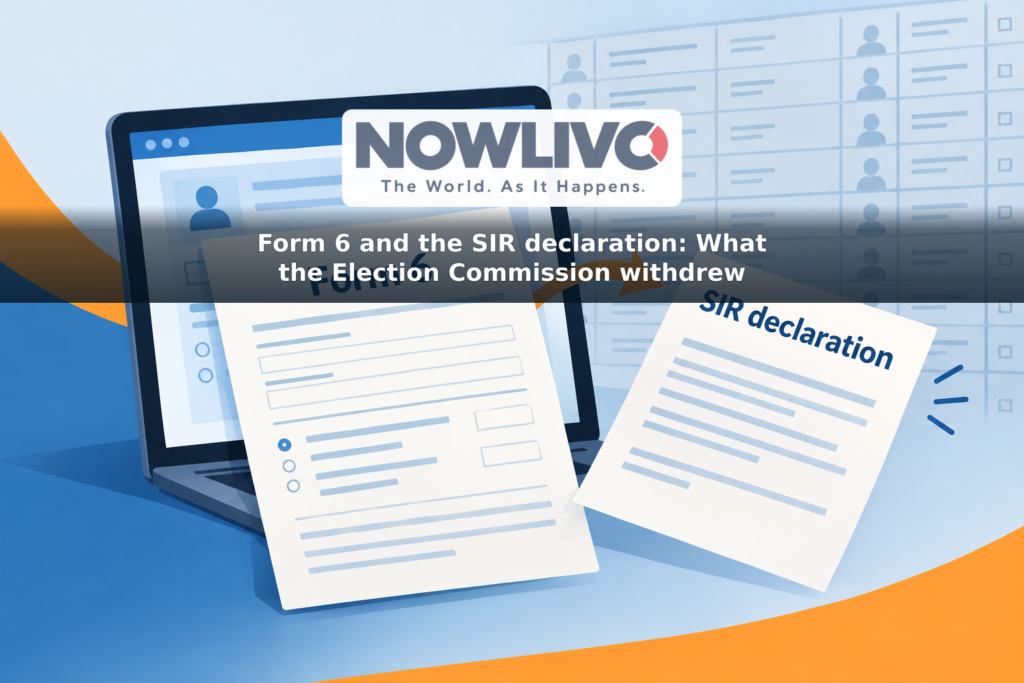 Illustration of a Form 6 voter-registration application on a screen with a separate SIR declaration sheet beside it.