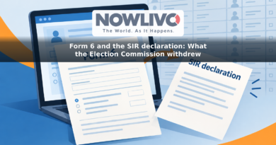 Illustration of a Form 6 voter-registration application on a screen with a separate SIR declaration sheet beside it.