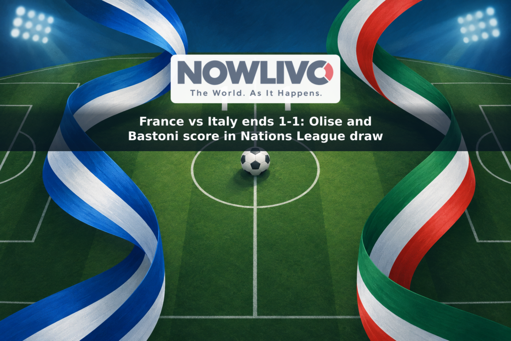 Illustration of a football pitch with French and Italian color ribbons and a scoreboard showing 1–1.