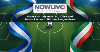 Illustration of a football pitch with French and Italian color ribbons and a scoreboard showing 1–1.