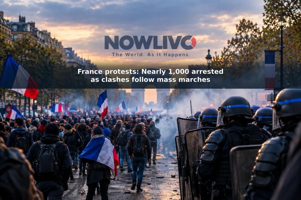 Editorial illustration of demonstrators and riot police on a Paris boulevard during the October 24, 2026 protests.