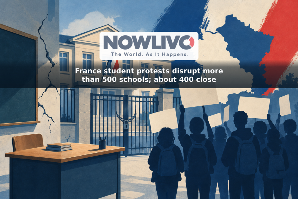 Conceptual illustration of students outside a French school gate, with a cracked wall and an empty teacher’s desk symbolizing their complaints.