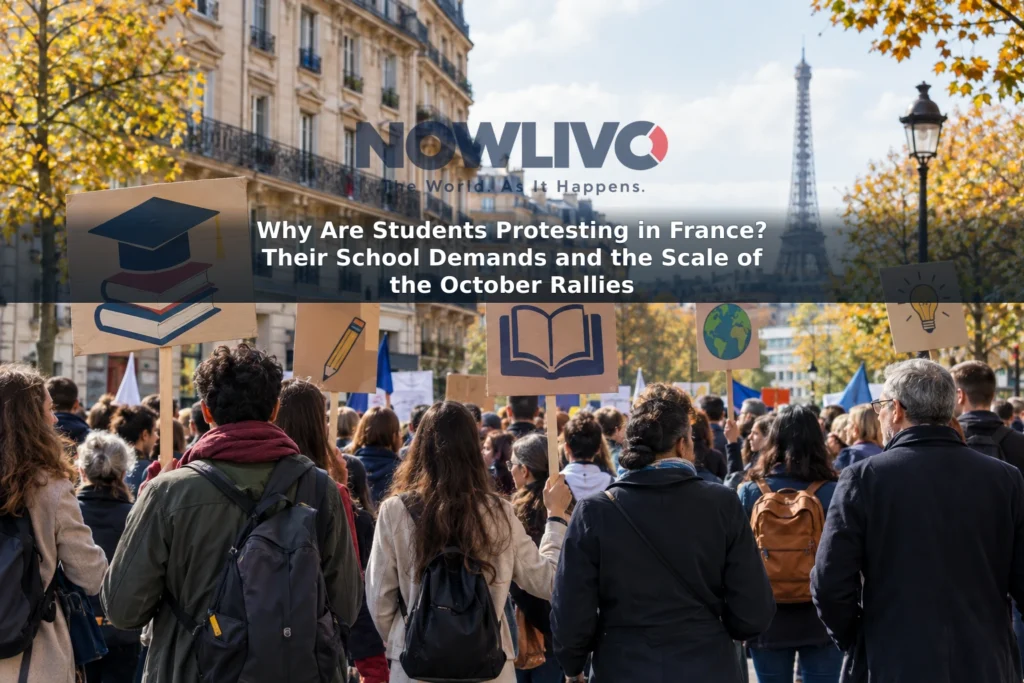 Illustration of students and adult supporters gathering on a French city street to call for better school resources.