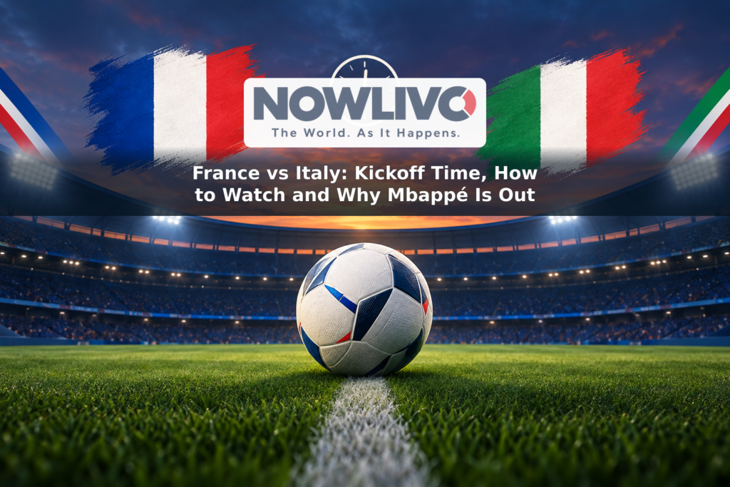 Illustration of a football in a floodlit stadium with French and Italian flag colors and a kickoff clock.