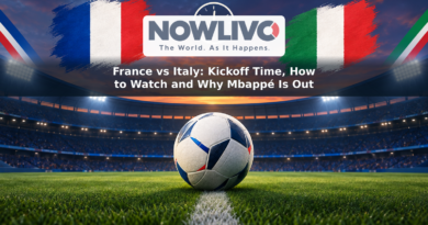 Illustration of a football in a floodlit stadium with French and Italian flag colors and a kickoff clock.