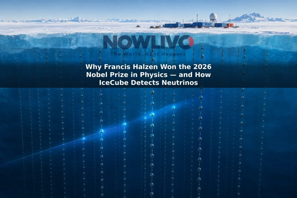 Illustrative cutaway of IceCube’s light sensors deep beneath Antarctic ice, showing a faint particle-induced flash reaching the sensors.