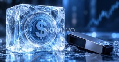 Illustrated dollar token in ice beside a hardware wallet