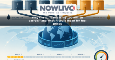 Illustration of emergency fuel tanks feeding crude oil and diesel into a global market beside a four-month timeline with the first 20 days highlighted.
