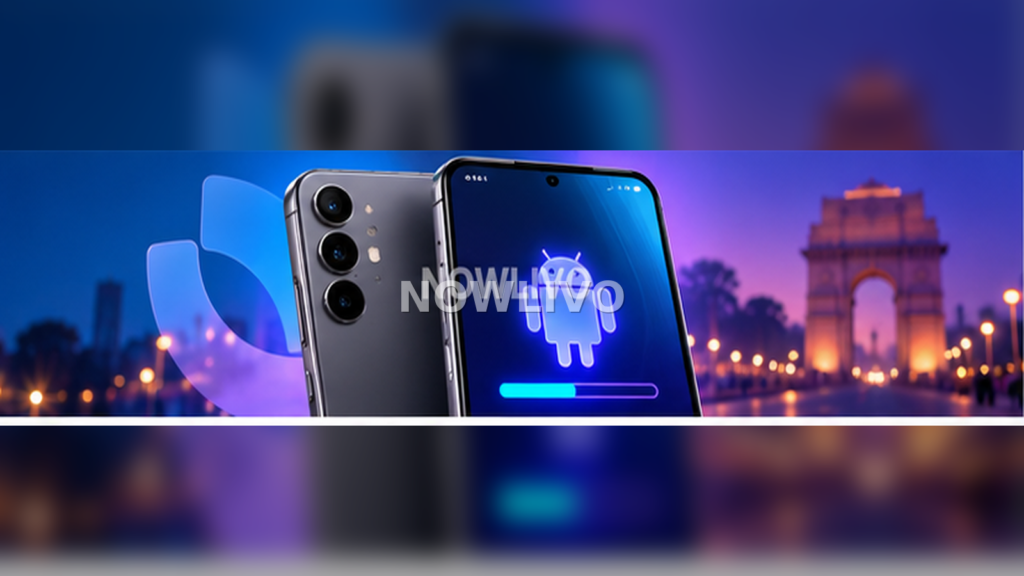 Modern Galaxy-style smartphone with a colourful Android update screen against an India city backdrop