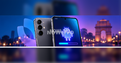 Modern Galaxy-style smartphone with a colourful Android update screen against an India city backdrop