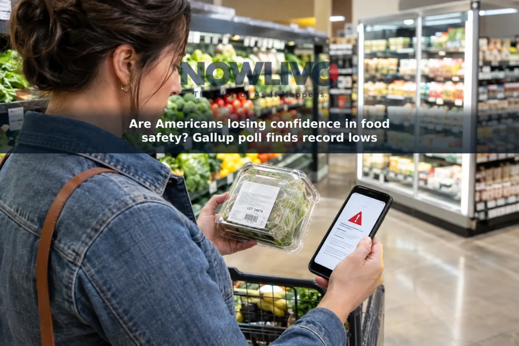 Shopper checks a packaged food’s label while looking at a phone in a grocery store.