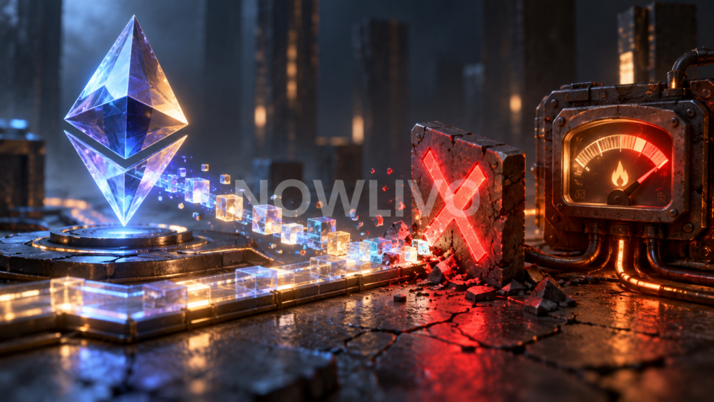 Illustrated Ethereum symbol, failed transaction marker and gas gauge