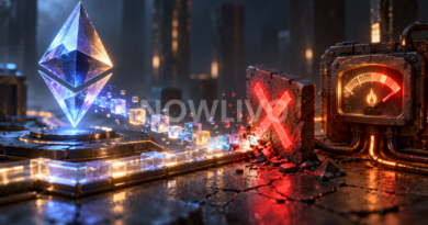 Illustrated Ethereum symbol, failed transaction marker and gas gauge