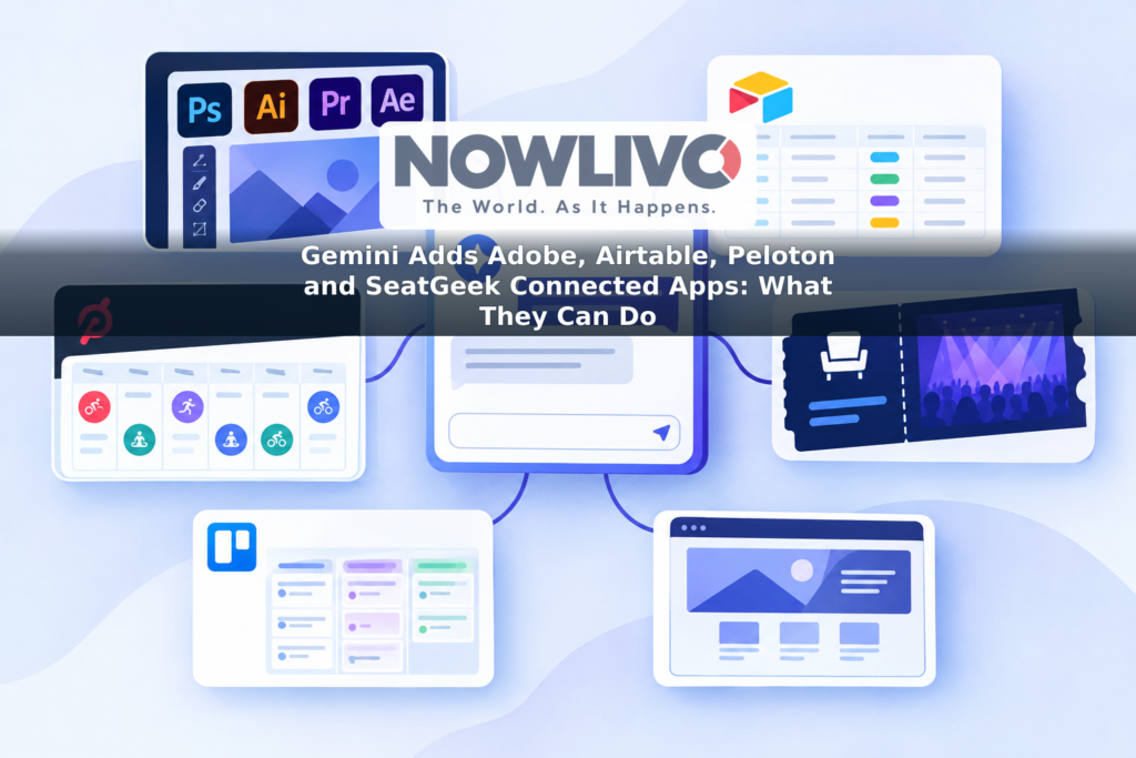 Illustration of a Gemini chat panel connected to creative tools, a database, a workout calendar and an event ticket.