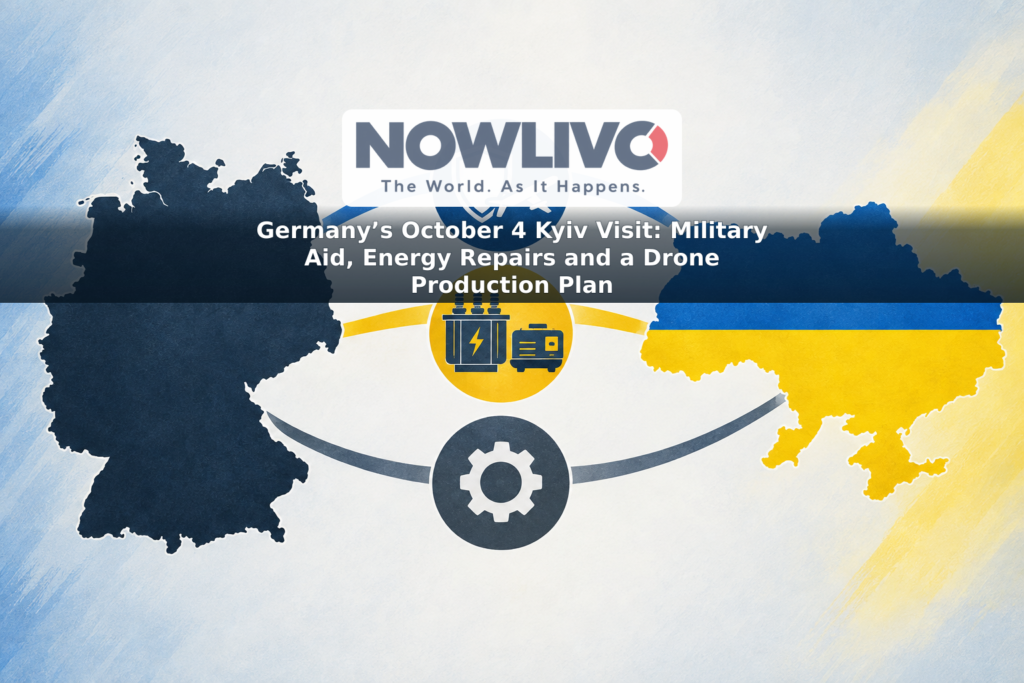 Conceptual illustration linking Germany and Ukraine with symbols for drone production, military support and energy-grid repairs.