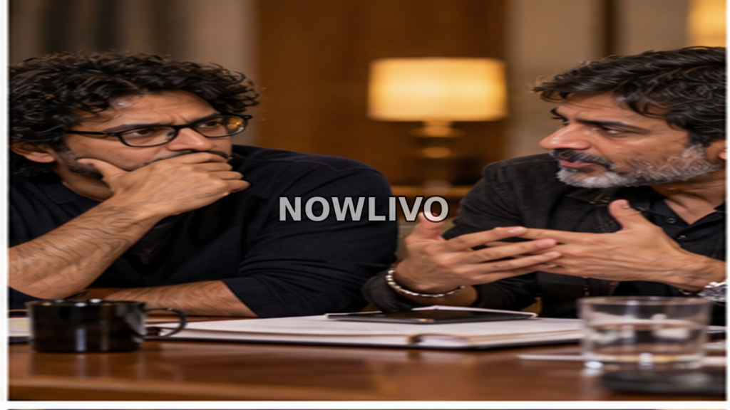 Two filmmakers or actors in deep conversation at a table, discussing a film controversy.