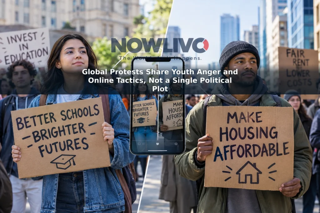 Editorial composite of peaceful demonstrators holding signs about schools and housing costs in separate city scenes
