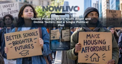 Editorial composite of peaceful demonstrators holding signs about schools and housing costs in separate city scenes