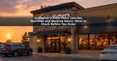 Godfather’s Pizza storefront at golden hour with warm light glowing through the windows.