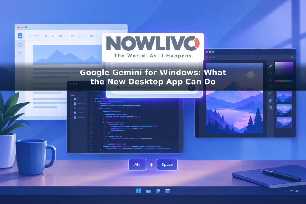 Illustration of an AI chat window opening above writing, coding and image-creation panels on a desktop.