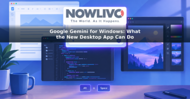 Illustration of an AI chat window opening above writing, coding and image-creation panels on a desktop.
