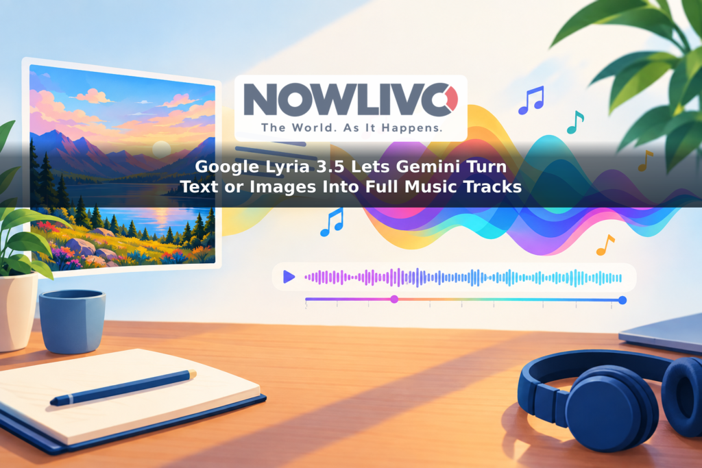 Illustration of an image and a written prompt becoming a layered music track on a timeline.