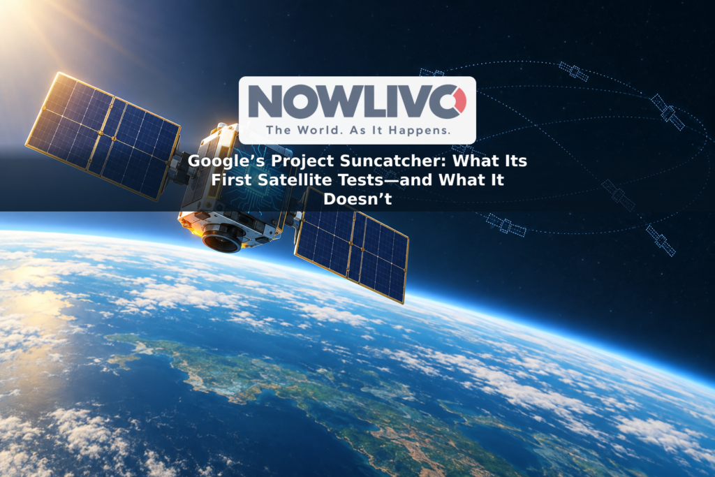 Illustration of one experimental AI-chip satellite above Earth, with a faint outline of a possible future satellite network.