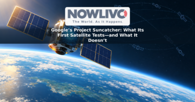 Illustration of one experimental AI-chip satellite above Earth, with a faint outline of a possible future satellite network.