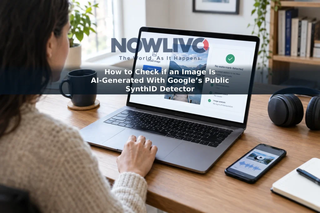 A person checks an image in a media-verification interface on a laptop, with a phone and headphones nearby.