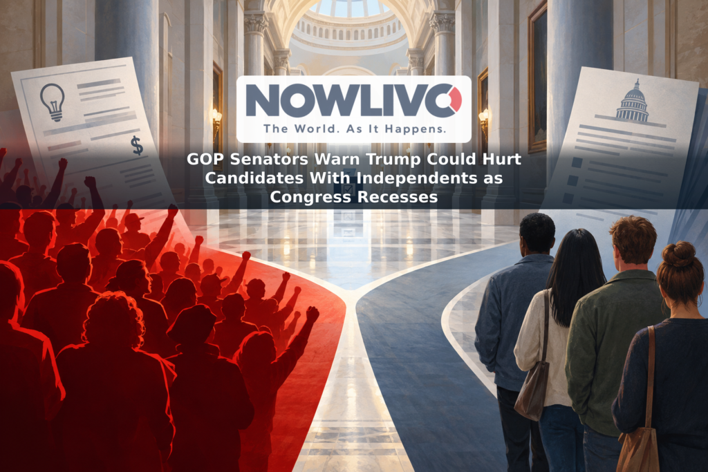 Illustration of an empty Capitol hallway and diverging paths toward a ballot box, representing Republicans’ debate over turnout and independent voters.
