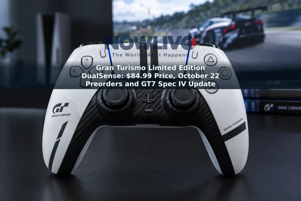 Gran Turismo-themed DualSense controller with racing stripes and a carbon-fiber-style front plate on a dark tabletop