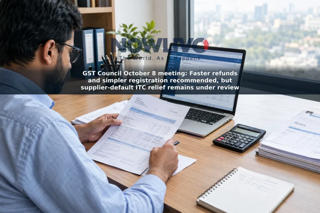 An accountant reviews GST paperwork and a refund form at an office desk.