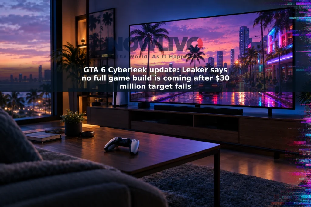 Illustrative gaming setup with a controller and a fictional neon-lit coastal city on a screen.