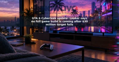 Illustrative gaming setup with a controller and a fictional neon-lit coastal city on a screen.