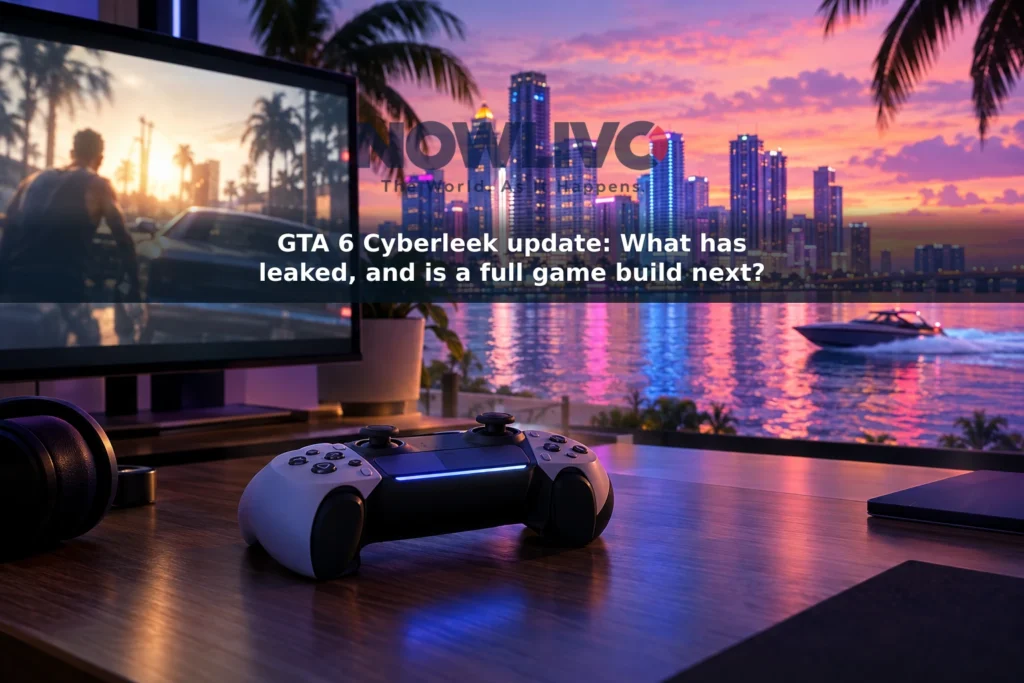 Illustration of a controller and monitor overlooking a neon-lit fictional waterfront city