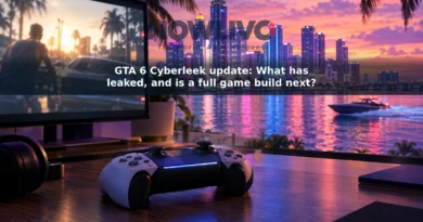 Illustration of a controller and monitor overlooking a neon-lit fictional waterfront city