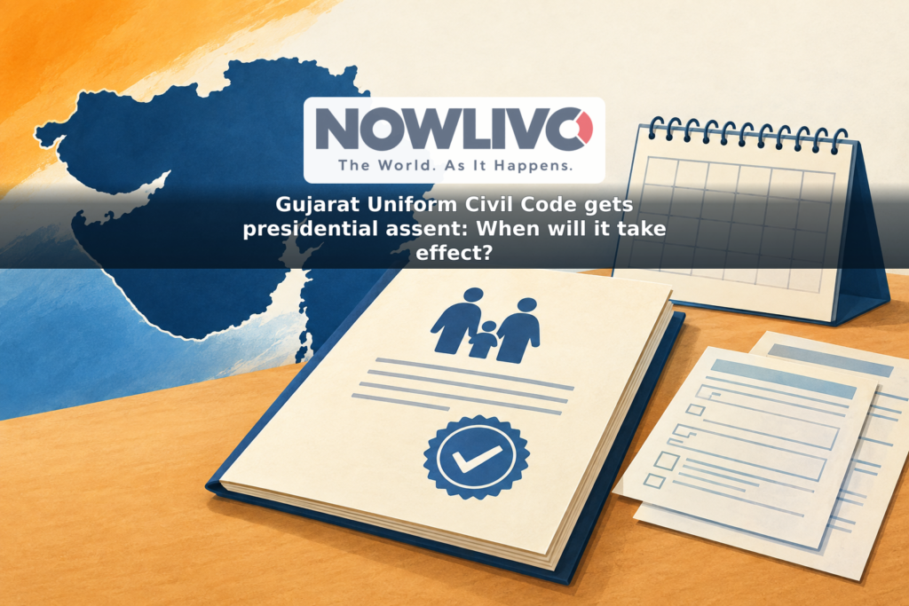 Illustration of a Gujarat map, an approved law document and an unmarked calendar representing a commencement date still to be set.