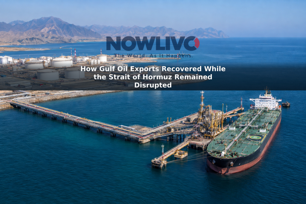 Aerial view of an oil tanker beside a coastal export terminal with storage tanks and pipeline infrastructure.
