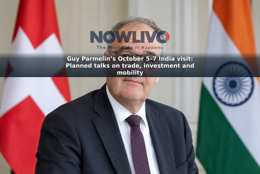 Editorial-style portrait of Swiss President Guy Parmelin with Swiss and Indian flags in the background.