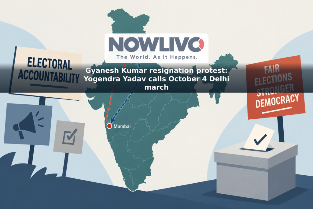 Illustrated map highlighting separate planned protest routes in Delhi and Mumbai beside an abstract ballot box.