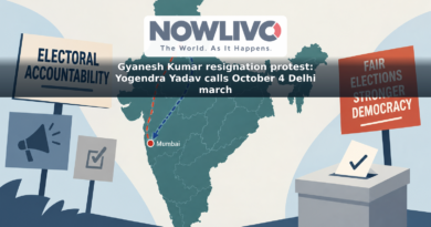 Illustrated map highlighting separate planned protest routes in Delhi and Mumbai beside an abstract ballot box.