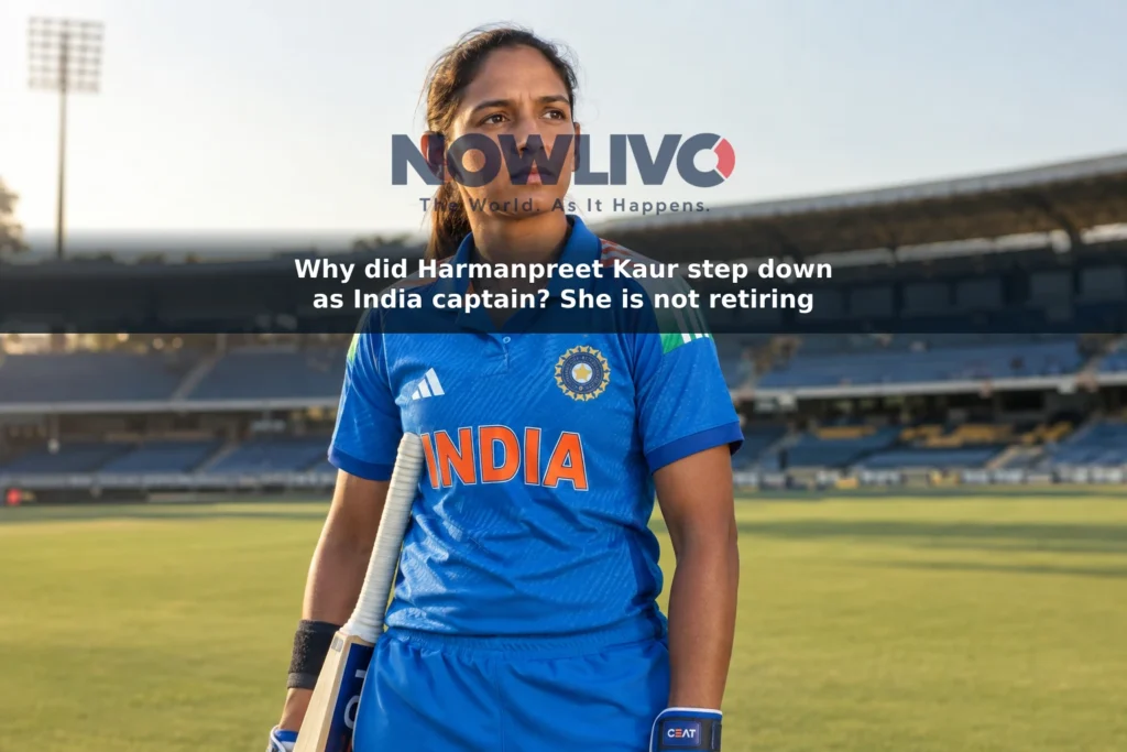 Editorial-style portrait of Harmanpreet Kaur holding a cricket bat on a ground.