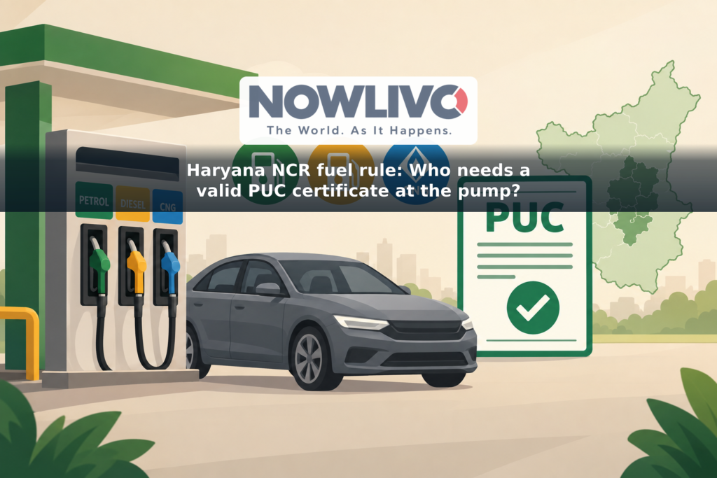 Illustration of a car at a fuel pump beside a PUC certificate checkmark and a stylised Haryana NCR map.