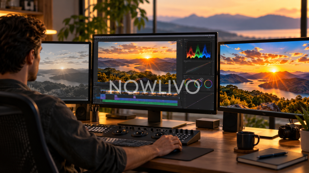 Video editor comparing muted and vivid landscape footage across monitors