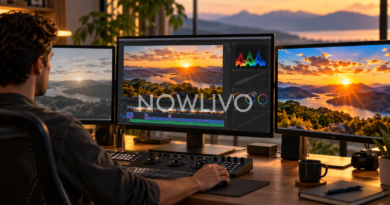 Video editor comparing muted and vivid landscape footage across monitors