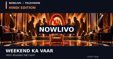 Conceptual editorial illustration of an empty television discussion chair, arguing silhouettes and a crossed-out fist symbol; not an actual Bigg Boss episode photograph.