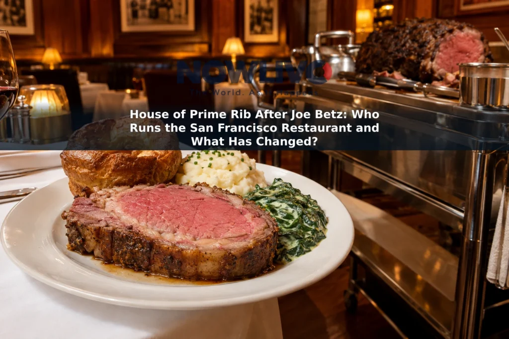 Illustrative steakhouse scene showing prime rib with traditional sides beside a tableside carving cart.