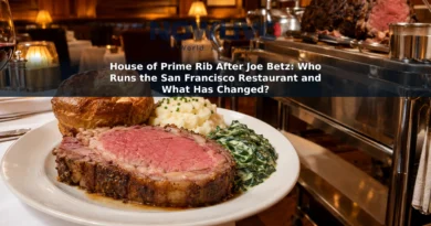 Illustrative steakhouse scene showing prime rib with traditional sides beside a tableside carving cart.
